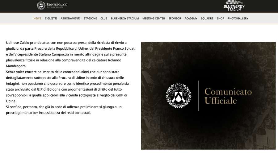 Il comunicato dell'Udinese Il comunicato dell'Udinese