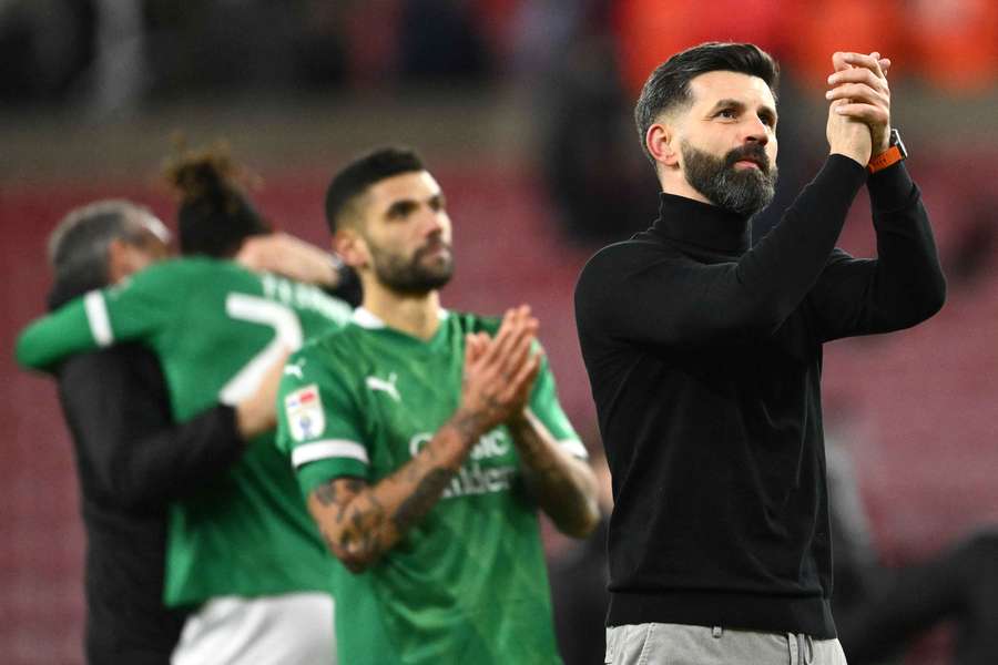 Miron Muslic celebrates at full time as Plymouth knock Liverpool out of the FA Cup