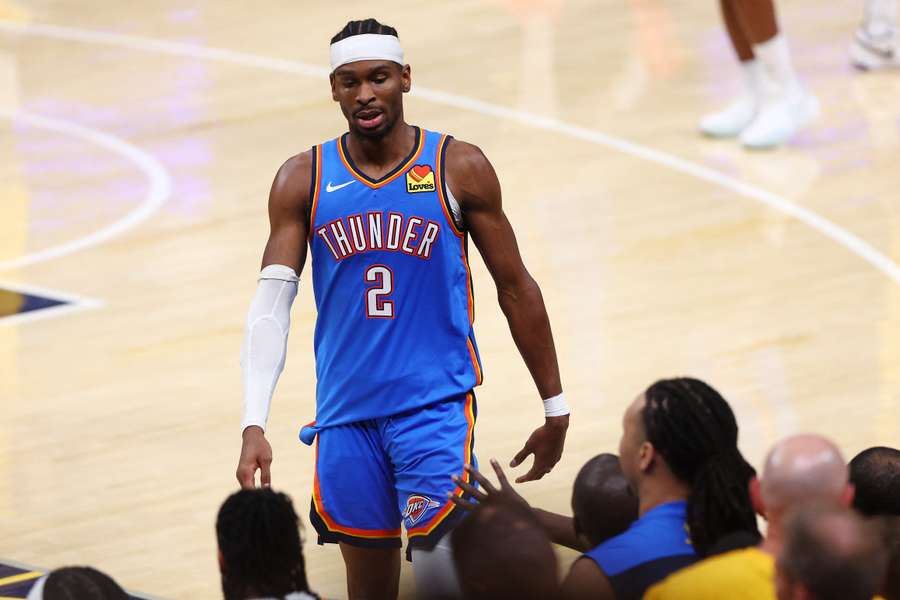 Shai Gilgeous-Alexander of the Oklahoma City Thunder reacts against the Indiana Pacers in Game Six of the 2025 NBA Finals 