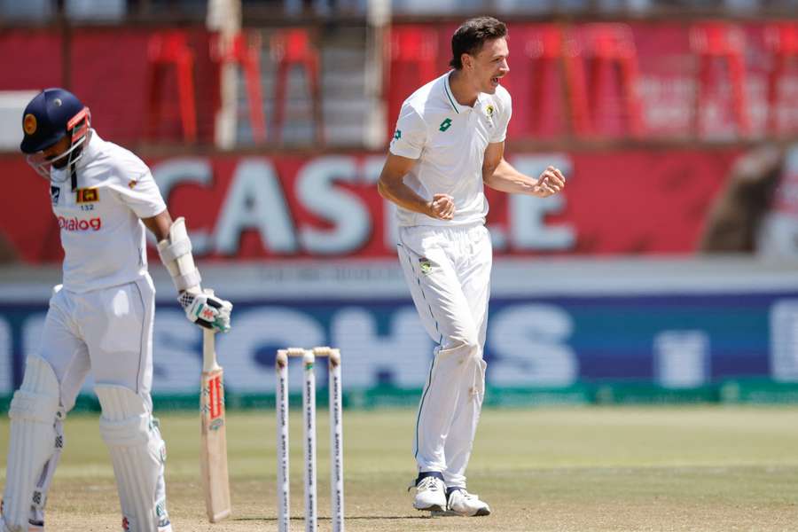 South Africa's Marco Jansencelebrates after dismissing Sri Lanka's Vishwa Fernando