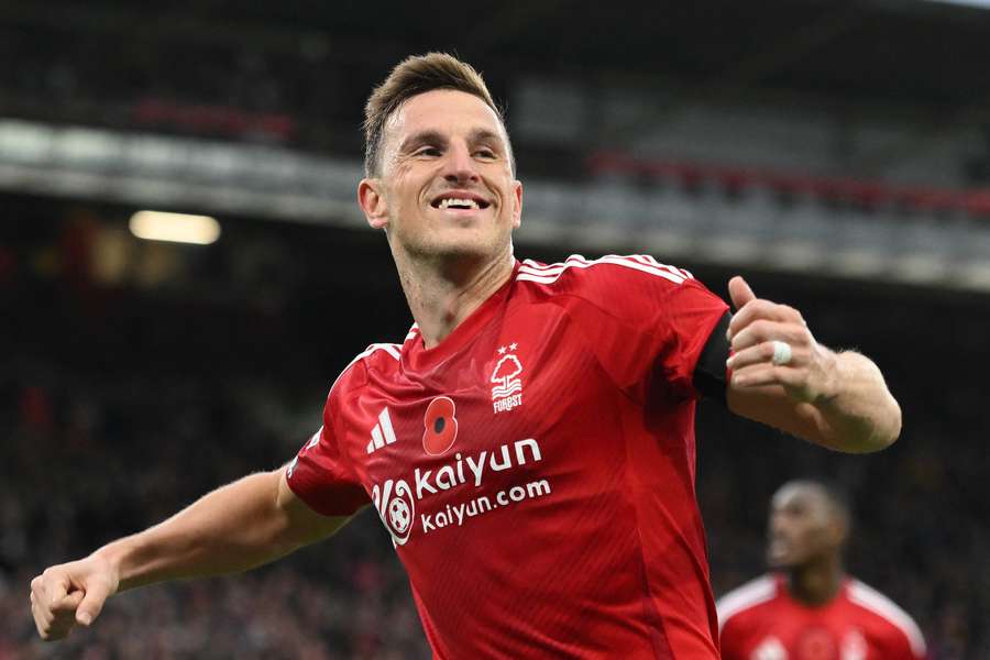 Nottingham Forest's Chris Wood celebrates after scoring against West Ham earlier this month