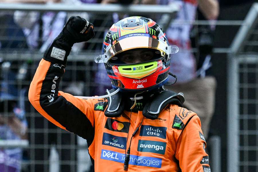 Oscar Piastri celebrates winning the Chinese Grand Prix on Sunday