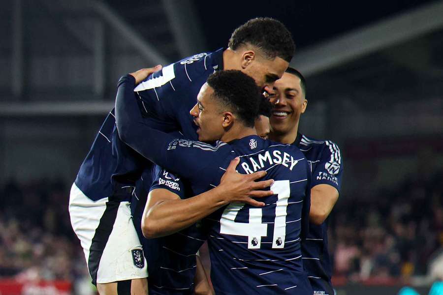 Ollie Watkins celebrates with teammates after giving Aston Villa the lead