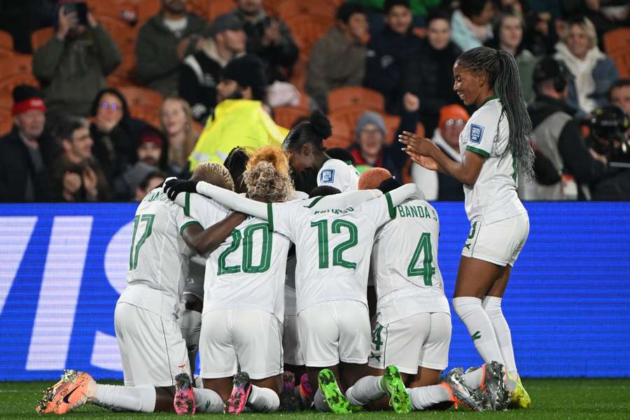 Zambia players celebrate after Lushomo Mweemba scores their first ever Women's World Cup goal