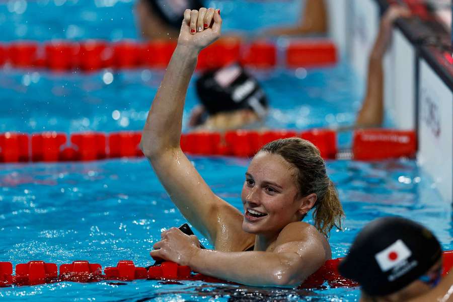 Summer McIntosh of Canada reacts after winning