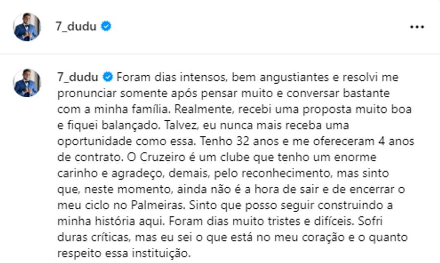 O pronunciamento de Dudu no Instagram