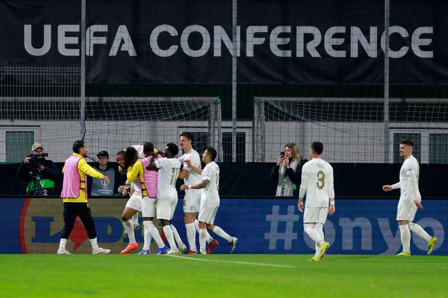 AEK Athens celebrate one of their four goals in the UEFA Conference League on Thursday.