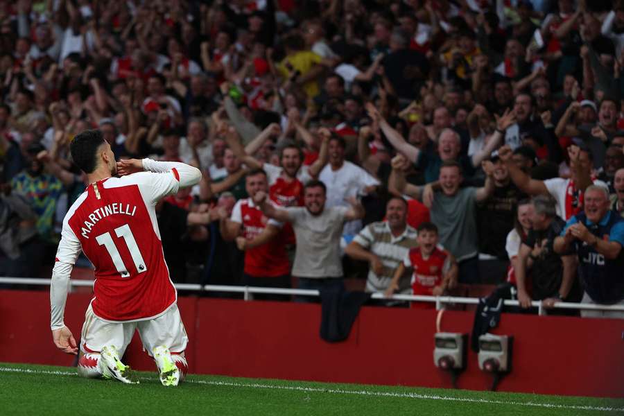 Arsenal's Brazilian midfielder #11 Gabriel Martinelli celebrates after scoring the opening goal