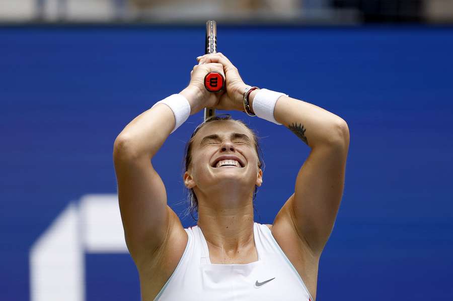 Aryna Sabalenka celebrates after defeating Karolina Pliskova in the quarter-final of the 2022 US Open.