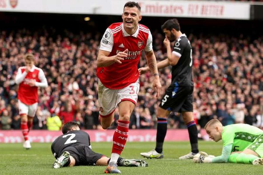 Xhaka celebrates scoring Arsenal's third goal