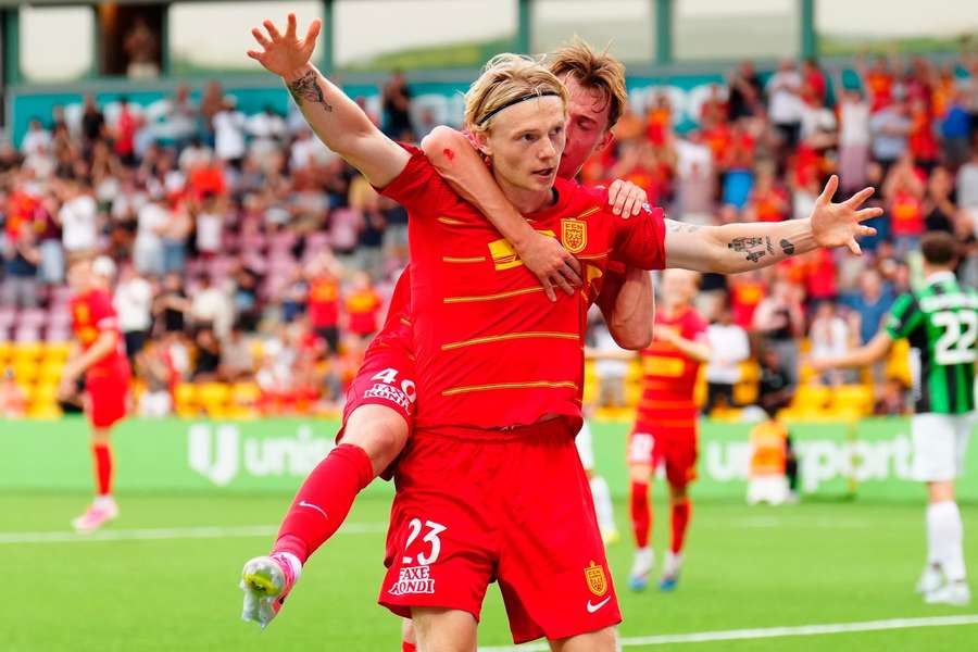FC Nordsjaelland's Runar Norheim celebrates scoring against GAIS FC Nordsjaelland's Runar Norheim celebrates scoring against GAIS