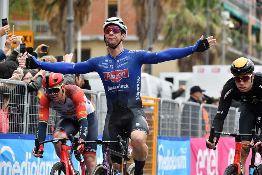 Kaden Groves celebrates his first stage victory at the Giro D'Italia