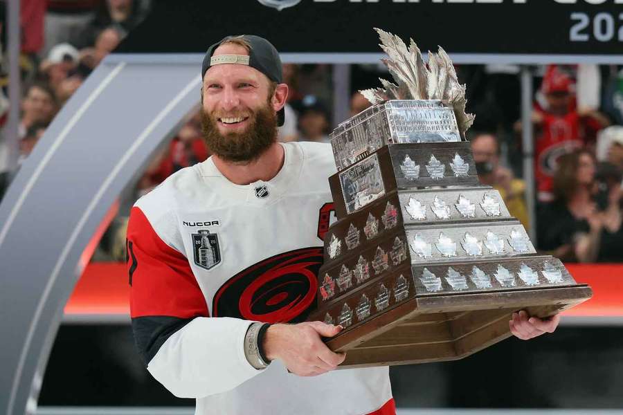 Jordan Staal poses with Conn Smythe Trophy after winning 2025-2026 Stanley Cup Final