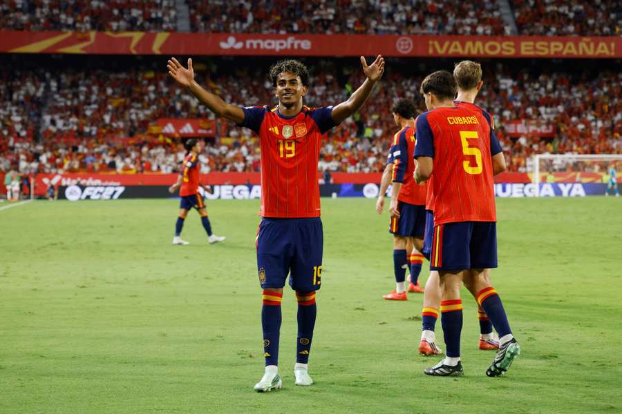 Lamine Yamal soaks up the applause after scoring Spain's third goal in Seville.