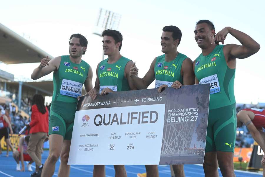 Australia's 4x400m men's relay team celebrates booking their place at the 2027 World Championships. 
