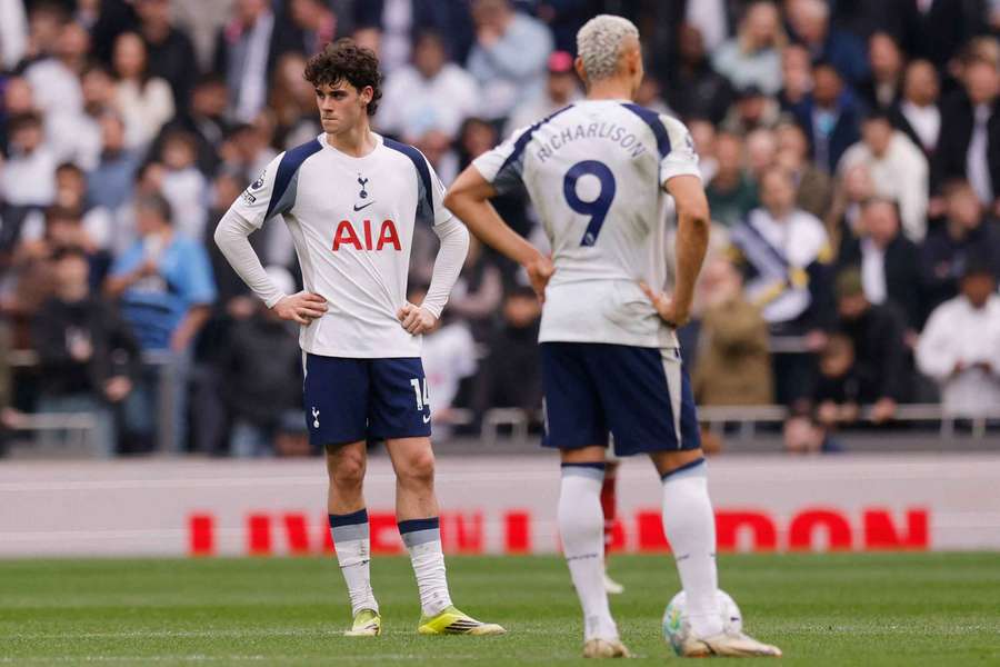 Archie Gray and Richarlison look on during the defeat