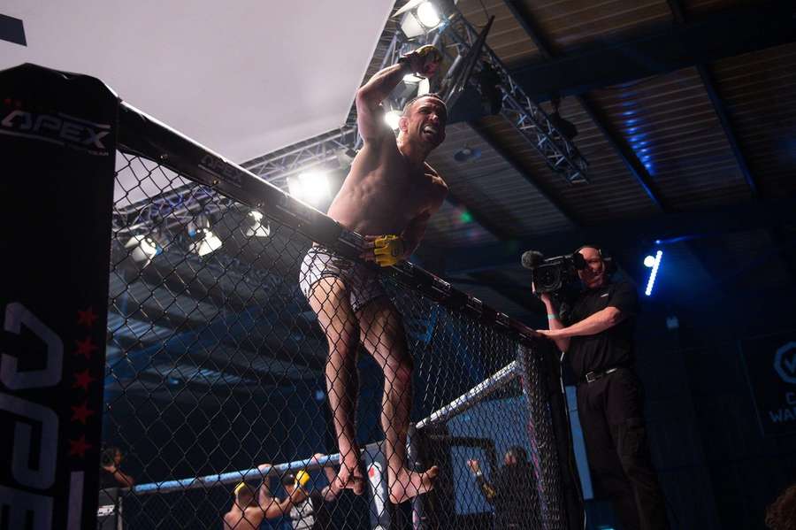 Aaron Aby celebrates defeating Gerardo Fanny in Cage Warriors 136 at the BEC Arena in Manchester