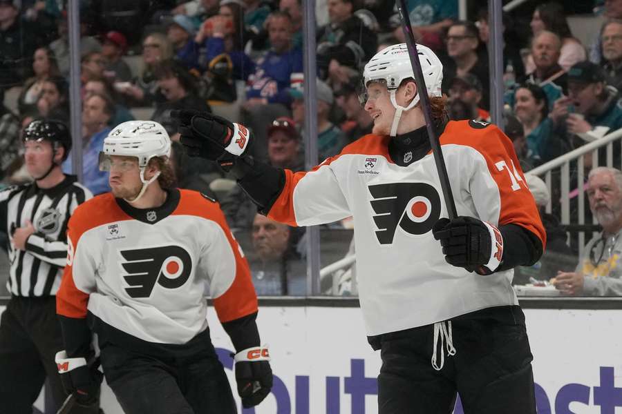Flyers'  Owen Tippett (right) celebrates after goal against San Jose Sharks