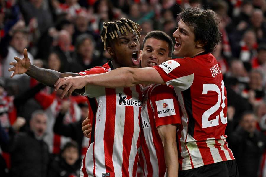 Nico Williams celebrates with teammates after scoring Atletico Bilbao's first goal against Roma