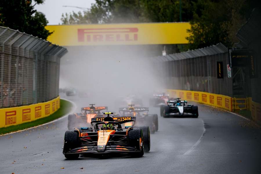 Lando Norris, Max Verstappen and George Russell on the Australian Grand Prix podium