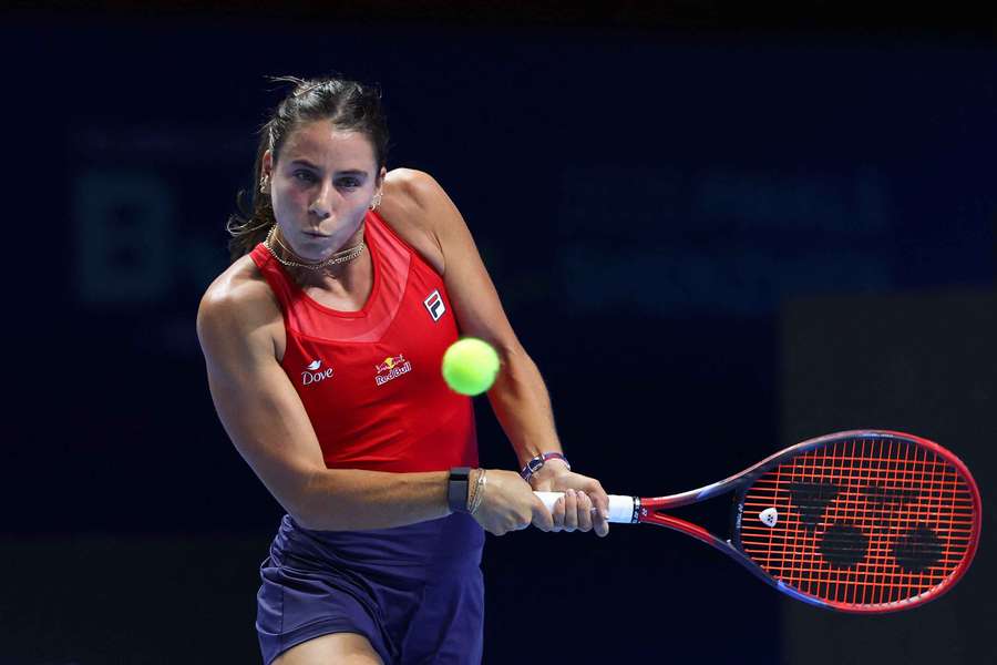The United States' Emma Navarro plays a backhand against Kazakhstan's Yulia Putintseva in the Billie Jean King Cup quarter-finals