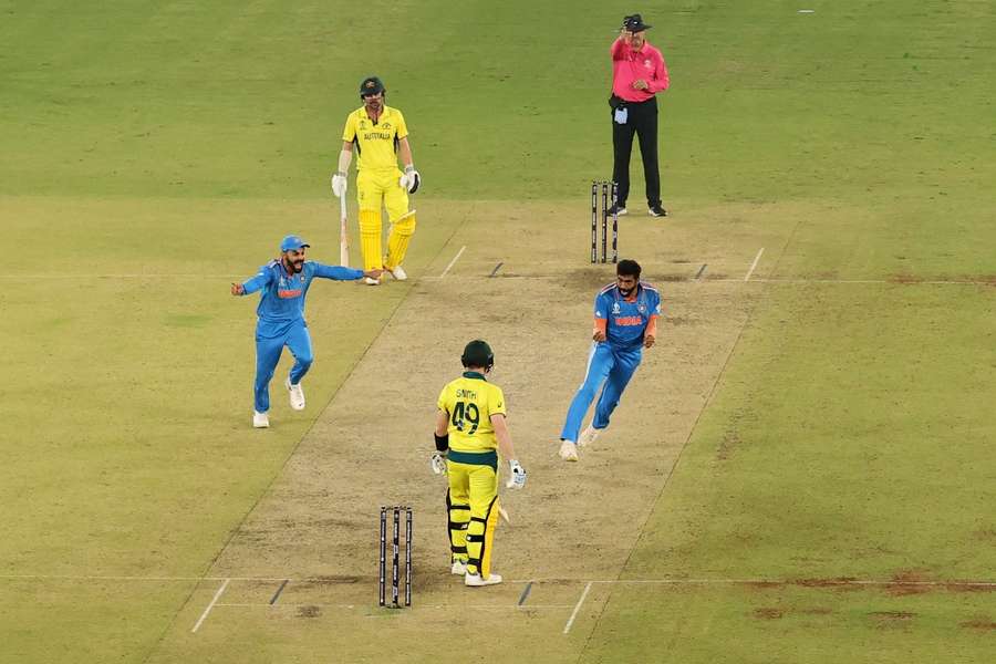 Jaspirit Bumrah celebrates a wicket in the World Cup final