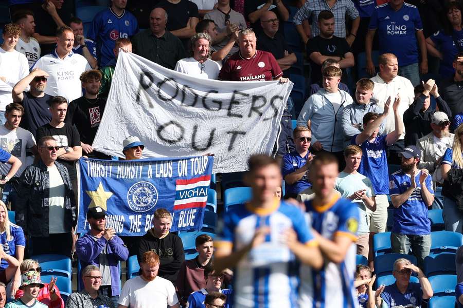 'Rodgers Out' sign pictured in the away stand