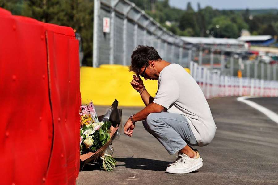 Pierre Gasly lays flowers in memory of his friend Anthoine Hubert, who died at Spa-Francorchamps in 2019