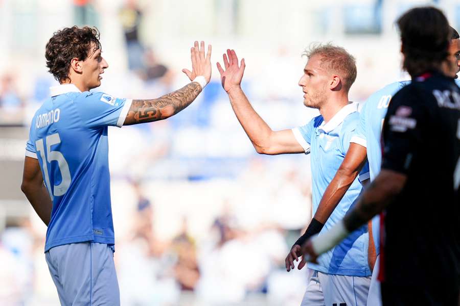 Gustav Isaksen celebrates after scoring Lazio's second goal