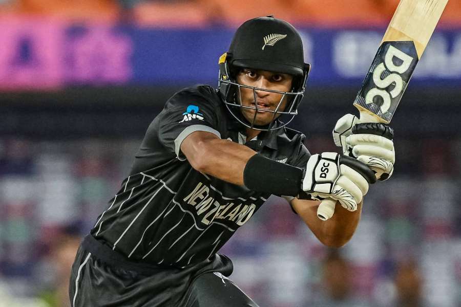 New Zealand's Rachin Ravindra plays a shot against England in the World Cup opener