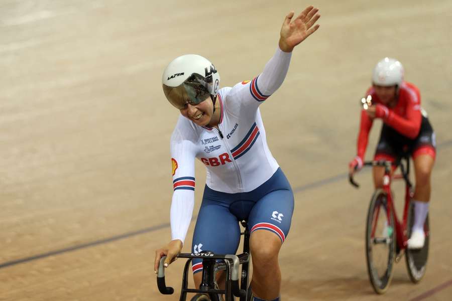 Britain's Neah Evans celebrates winning the Women's Points Race