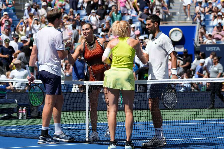 Djokovic and Sabalenka congratulate Patten and Siniakova after the match