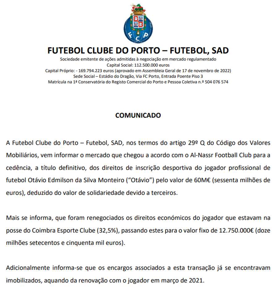 Comunicado del FC Porto a la CMVM