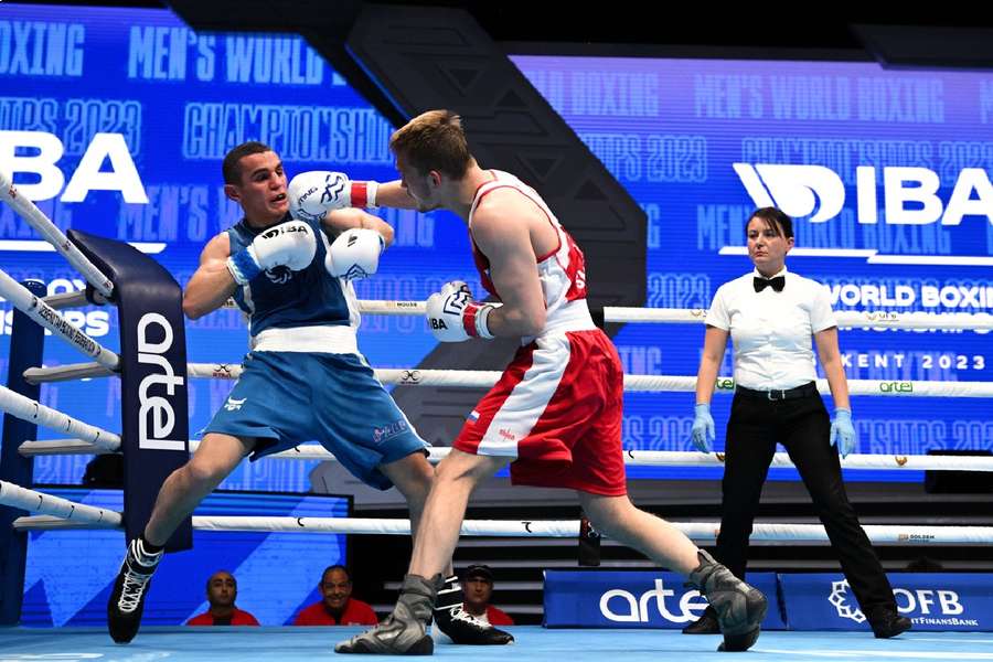 A bout during the elite men's light round of 16 at the IBA Men's World Boxing Championships, in Tashkent, Uzbekistan