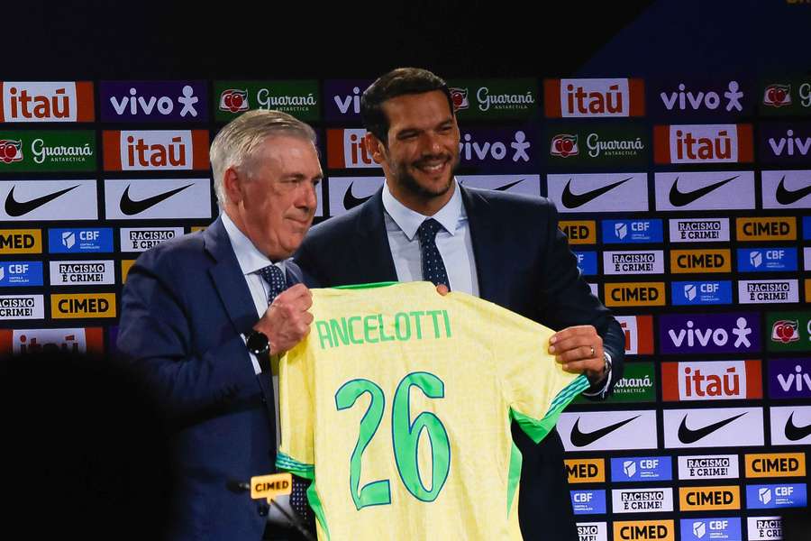 Carlo Ancelotti is presented as the new Brazil coach.