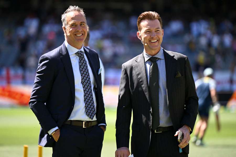 Lee with friend and Fox Cricket colleague Michael Vaughan during the ongoing Ashes series.