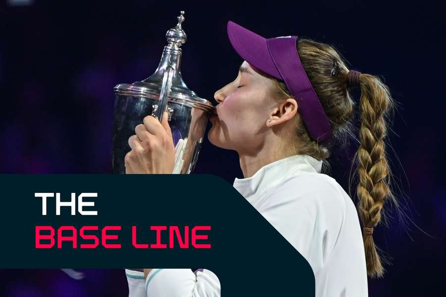 Elena Rybakina of Kazakhstan celebrates after defeating Aryna Sabalenka