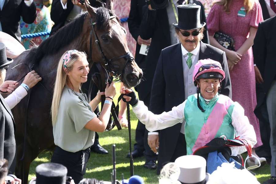Frankie Dettori celebrates in the winner's enclosure after riding Coppice to win the Sandringham Stakes at Royal Ascot