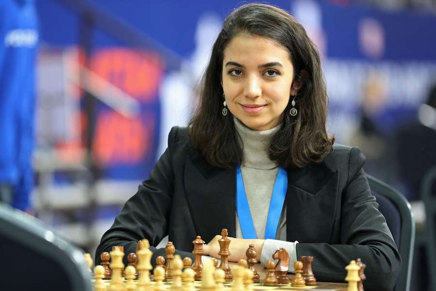 Khadem in front of a chess board in Kazakhstan last month