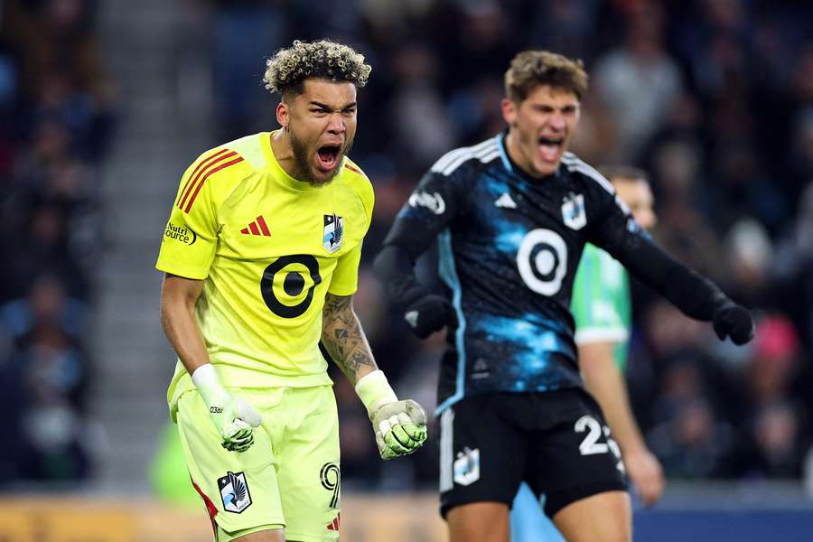 Minnesota FC goalie Dayne St. Clair celebrates after MLS Cup playoff win over Seattle