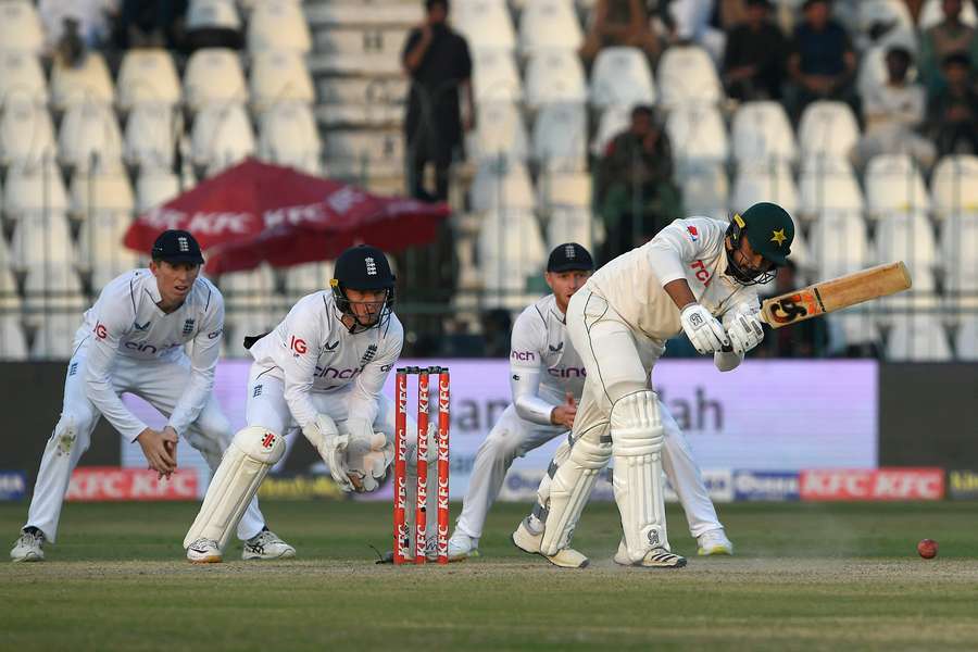 Pakistan's Faheem Ashraf (R) plays a shot during the third day of the second Test between Pakistan and England