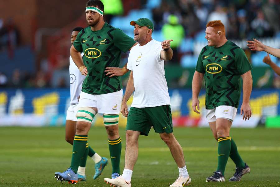 South Africa head coach Jacques Nienaber with Jean Kleyn (L)