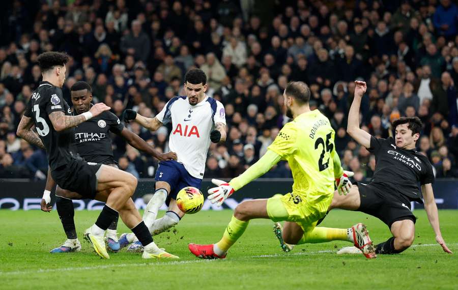 Tottenham Hotspur's Dominic Solanke scores their first goal past Manchester City's Gianluigi Donnarumma