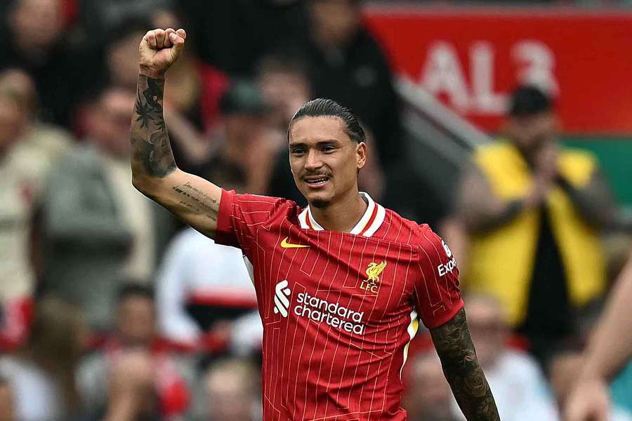 Darwin Nunez celebrates after scoring Liverpool's third goal against Bournemouth at Anfield