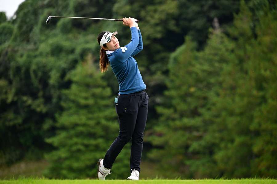 Sumika Nakasone of Japan hits her tee shot on the 2nd hole during the final round of 40th Itoen Ladies Golf Tournament 