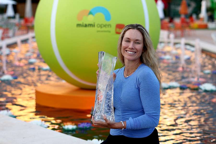 Danielle Collins poses with the trophy after winning the Miami Open final at Hard Rock Stadium on Saturday