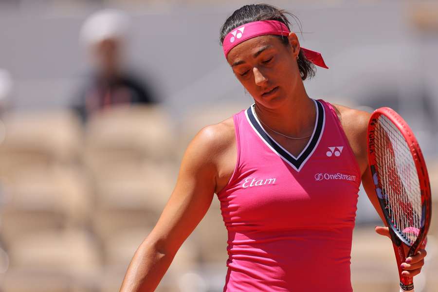 France's Caroline Garcia reacts as she plays against Russia's Anna Blinkova