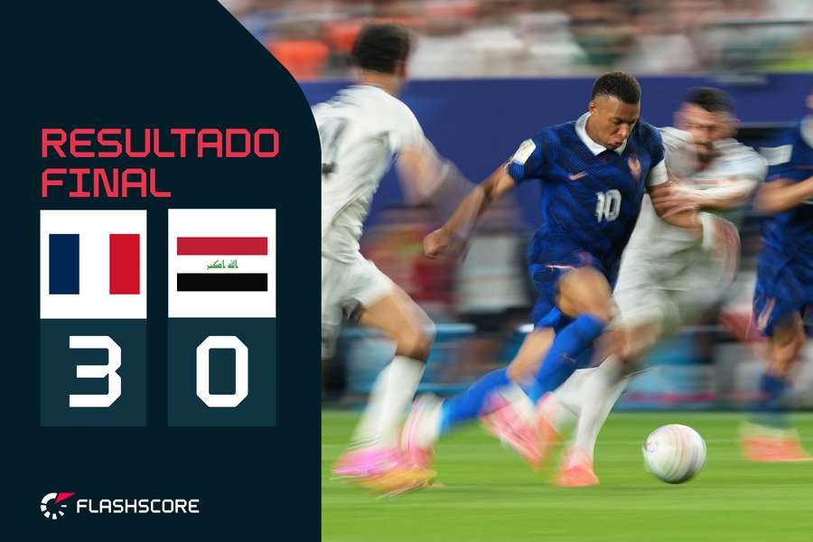 Mbappé e Dembélé celebram o segundo golo da França frente ao Iraque Mbappé e Dembélé celebram o segundo golo da França frente ao Iraque