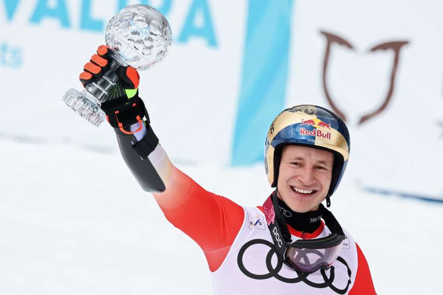 Odermatt celebrates his win in Soldeu