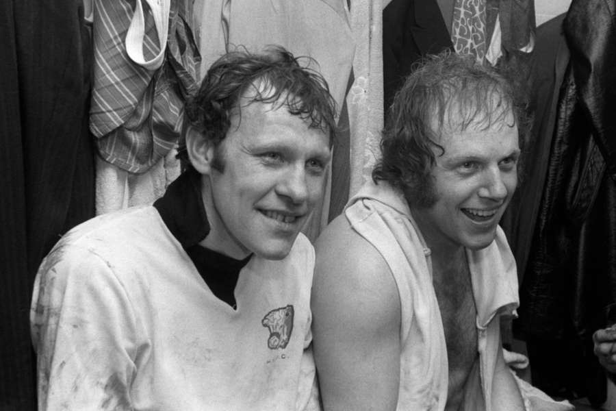 Hereford United's Ronnie Radford (left) and Ricky George after their famous 2-1 win over Newcastle in the FA Cup.